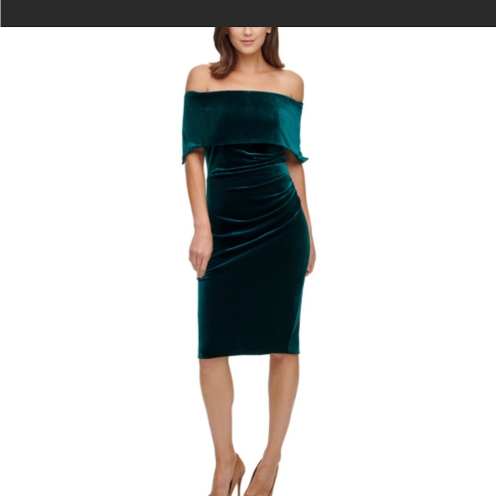 Vince Camuto Womens Green Velvet Off-The-Shoulder Cocktail Sheath Dress NWT